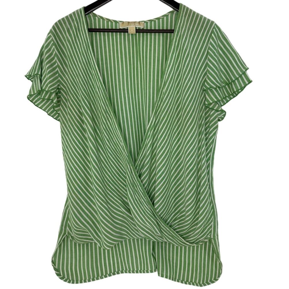 Michael Kors Green Stripe Blouse Medium Flutter Sleeve Preppy Classic Casual
